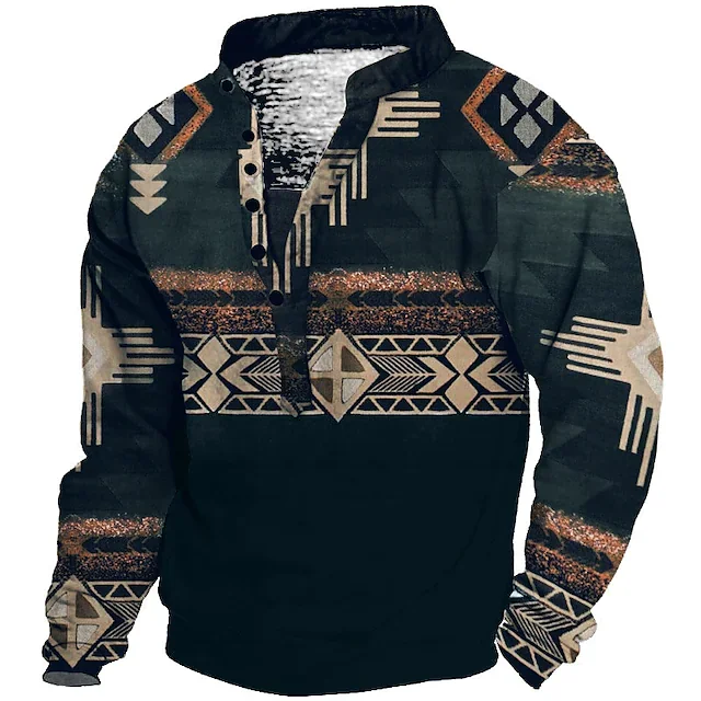 

2023 New Men's 3D Sweatshirt Pullover shirt Stand Collar Bohemian Style Printed Henley Sweatshirt Casual 3D Printed Streetwear
