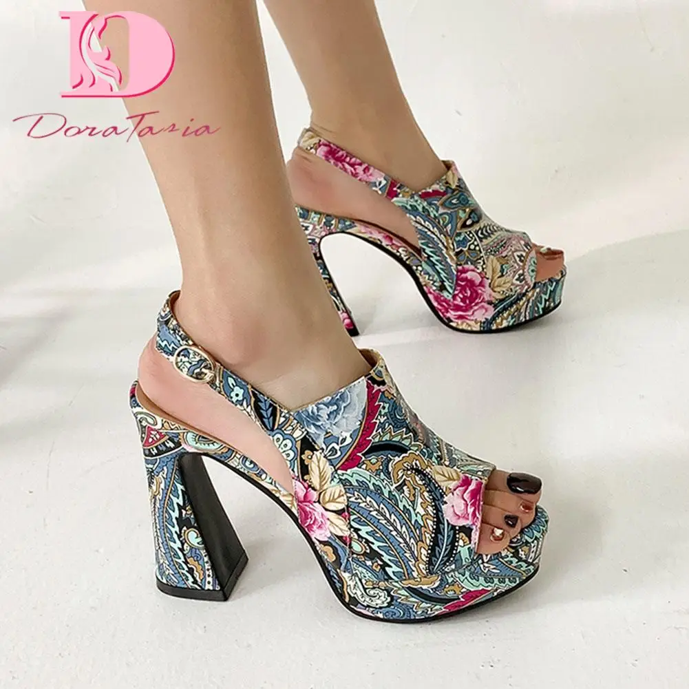 

New Sandals Ladies Shoes Platform Print Flower Thick High Heels Mix Colors Ethnic Sandals Women Open Toe Sexy Sandals Female