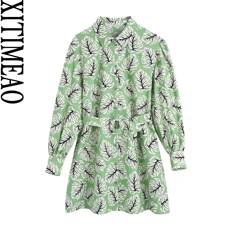 

Xitimeao Women Chic Fashion With Belt Printed Ruffled Mini Dress Vintage Long Sleeve Button-up Female Dresses Vestidos