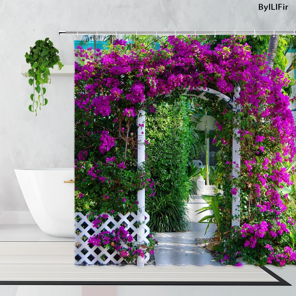 

Garden Landscape Shower Curtains Green Vine Pastoral Background Wall Decoration Waterproof Bath Curtain With Hooks Flowers Fence