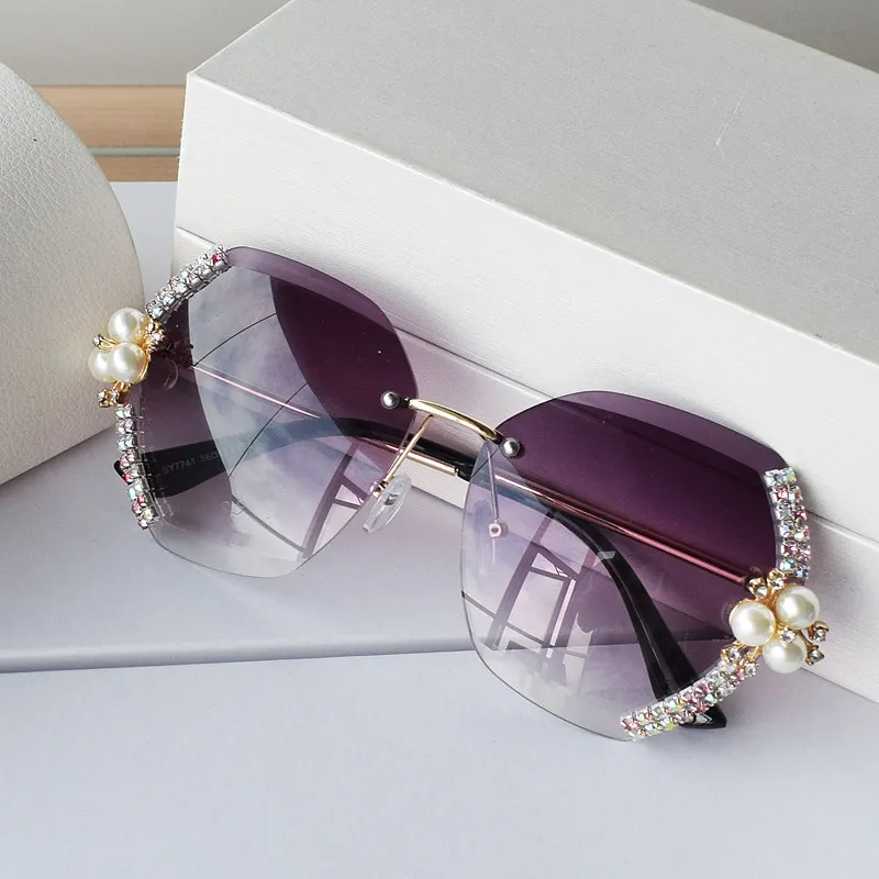 

Oversized Sunglasses Women Vintage Rimless Designer Luxury Crsytal Pearl Sun Glasses Cat Eye Sunglass Ladeis Eyeglasses