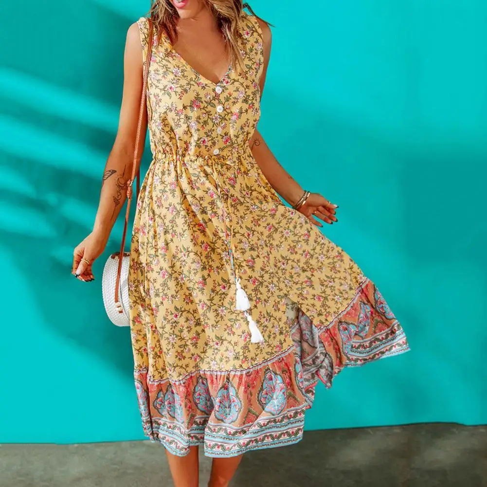 

Summer Dress Stitching Large Hem Midi Dress Ladies Floral Printing Casual Female Dress