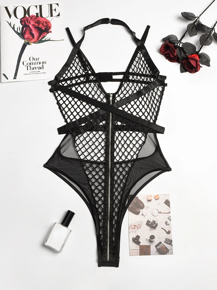 

Women Sexy Transparent Bodysuit Black Halter Neck Tights Lingerie Transparent Fishnet Zip-up Jumpsuit Lingerie Erotic Underwear
