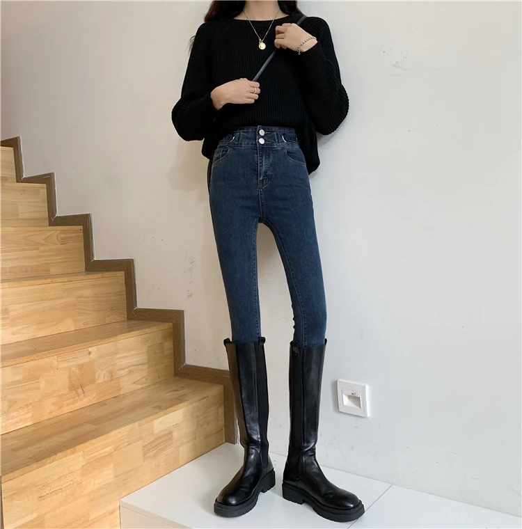 

DD2424 High-waisted jeans women's thin all-match nine-point tight-fitting pencil pants jeans