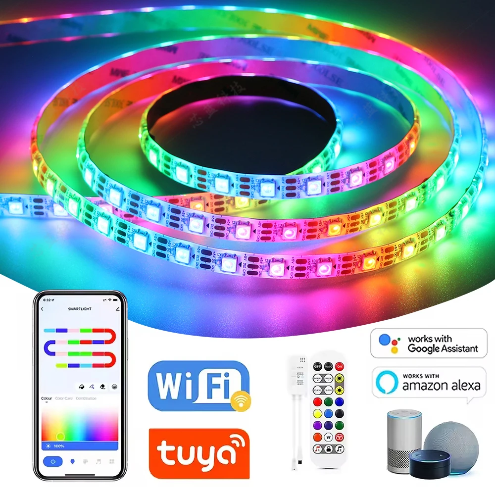 Фото Светодиодная лента WS2812B TUYA Wifi RGBIC с управлением через приложение, адресная, с эффектом бегущих огней, 5В, для Alexa и Google LED №1