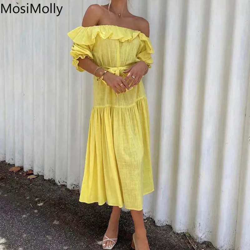 

MosiMolly Off Shoulder Ruffle Dress Women 2022 Summer Dress Cotton Dress Midi Dress Female Vestidos Boho Beach Dress