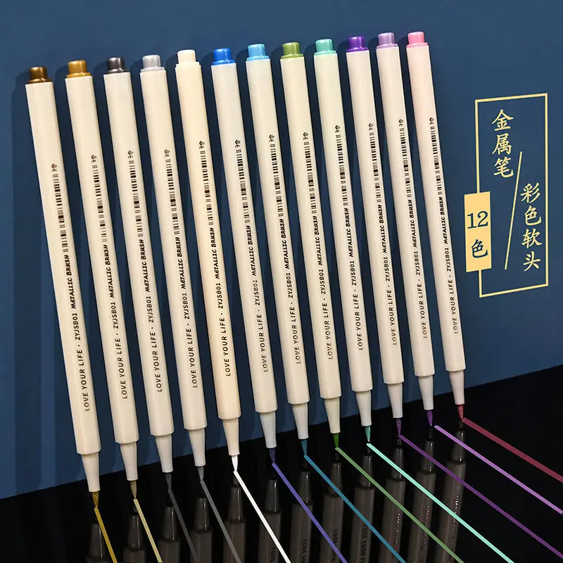 

12pcs Pearlescent Metal Paint Pen Soft Pen Head Brush Color Hand Account Marker Pen Full Set of Graffiti DIY Hand Account Pen