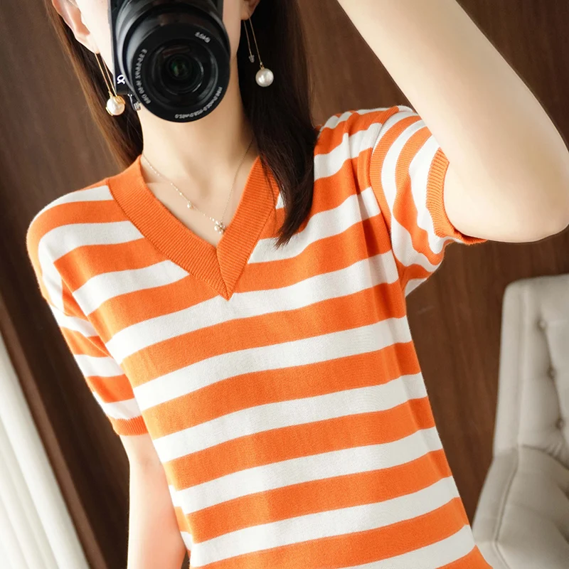 

Women's T-Shirt 2022 Summer New 100% Cotton Sweater Short Sleeve Casual Striped Knit Ladies Top Overside Tees V-Neck Blouse HOT