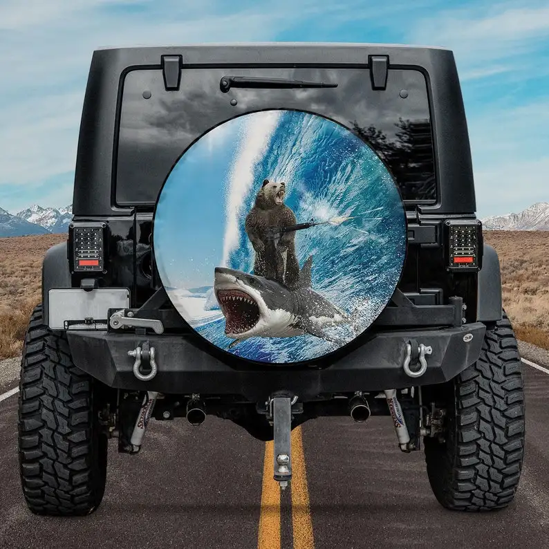 

Funny Spare Tire Covers, Funny Bear Shark Surfing Spare Tire Cover With Or Without Backup Camera Hole, Camping Lover, Camping Gi