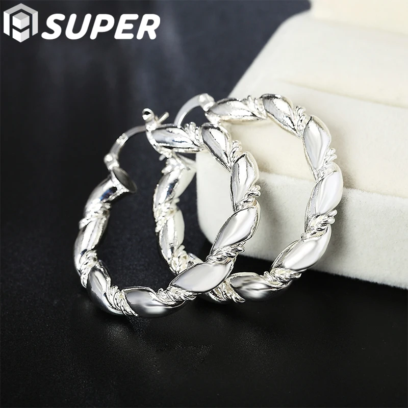 

925 Sterling Silver Twisted Rope Loop 38mm Circle Hoop Earring For Woman Fashion Party Wedding Engagement Party Jewelry