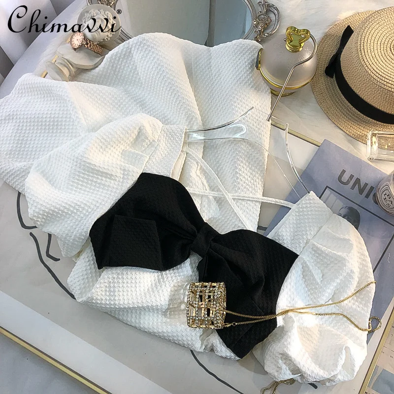 

Платье в стиле ретро Хепберн с рукавами-фонариками и бантом для женщин, летняя одежда 2022, новое модное дизайнерское элегантное стройнящее п...