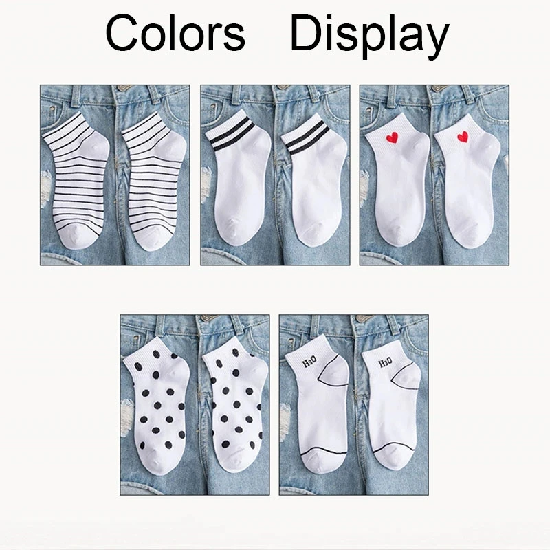 5 Pairs New Style Pure Cotton Trend Summer Women Girl Fashion Boat Socks Leisure Daliy Striped Love White Short Socks for Dress