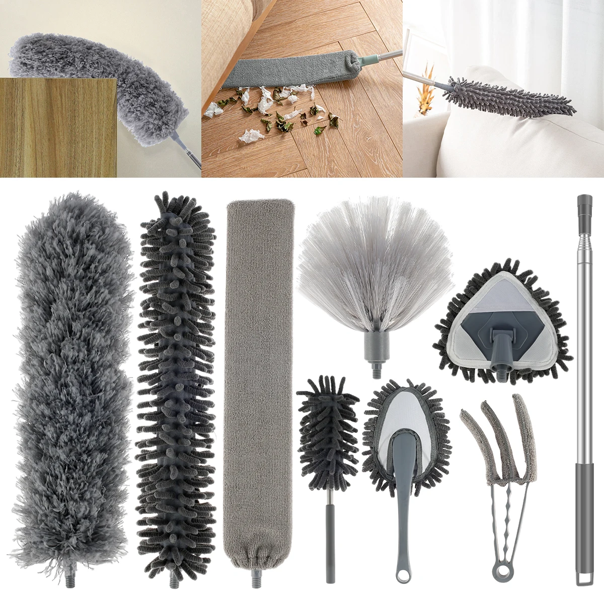 9 Pcs Microfiber Feather Duster Extendable Telescoping Extension Pole to 100 Inches Bendable Microfiber Duster Washable