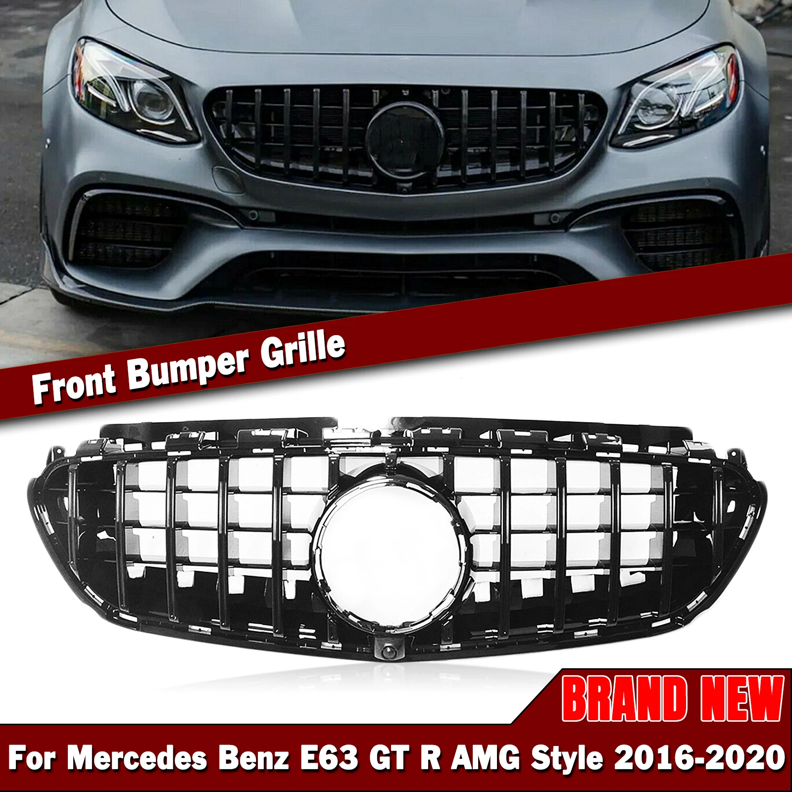 

For Mercedes Benz W213 E63 GT R AMG 2016-2020 Only Black Car Upper Bumper Hood Vent Mesh Grid Front Grille Racing Grill Body Kit