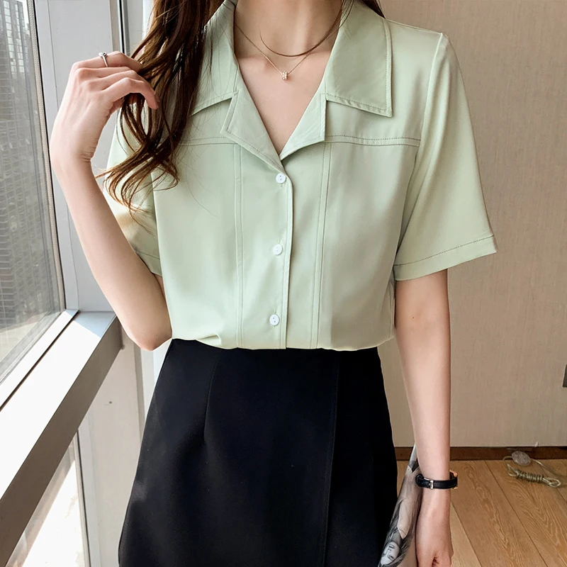 

2022 Summer New Korean Fashion White Women Shirts Blouses Short Sleeve V-neck Green Female Satin Thin Women Tops For Office Lady