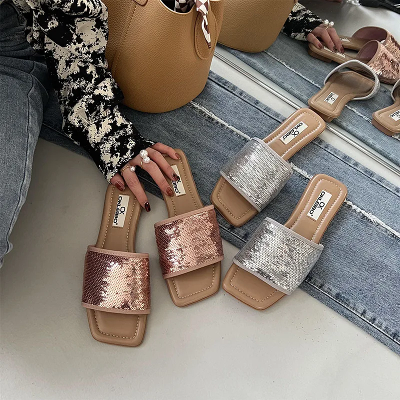 

2022 Korean Summer Women Sequin Open Toe Slippers Fashion Ladies External Wear Flat Slides Silver Pink Bling Mules Party Shoes