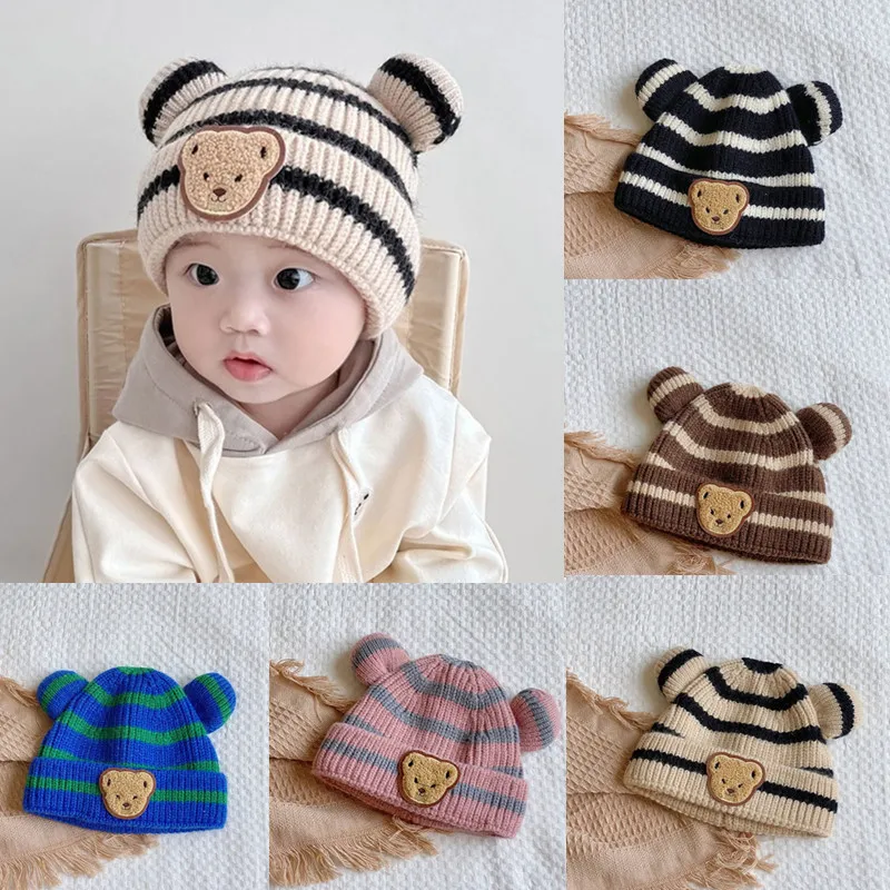 

Woolen Knitted Baby Beanie Cap Autumn Winter Thicken Warm Baby Hat Cartoon Bear Ear Protection Bonnet for 5 Month-4 Year Kids