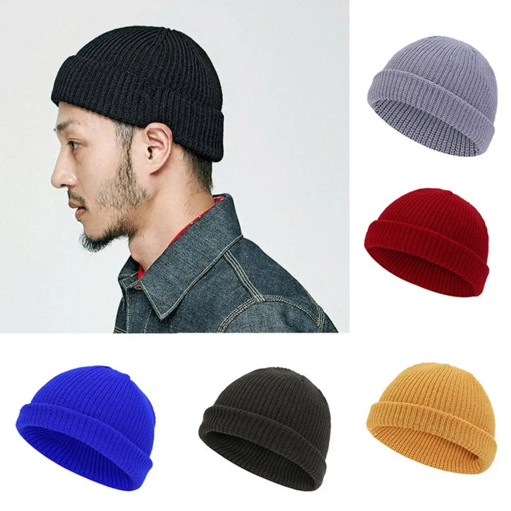 

Knitted Hat Handmade Flanging Casual Stretchy Thickened Cold Resistant Solid Color Autumn Winter Women Beanie Cap for Outdoor