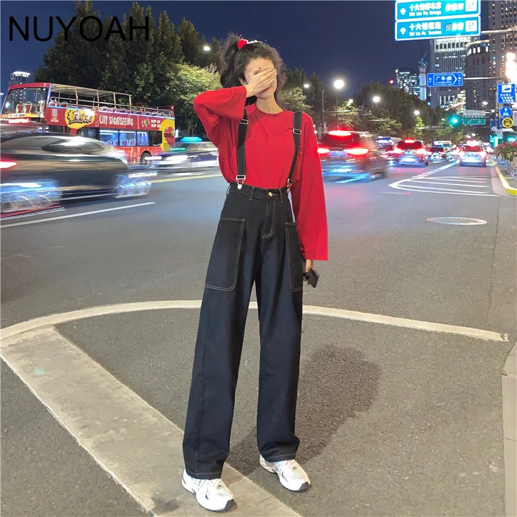 

Новинка весна-осень 2021 прямые джинсовые брюки на подтяжках женские свободные универсальные широкие брюки с высокой талией шикарные в гонко...