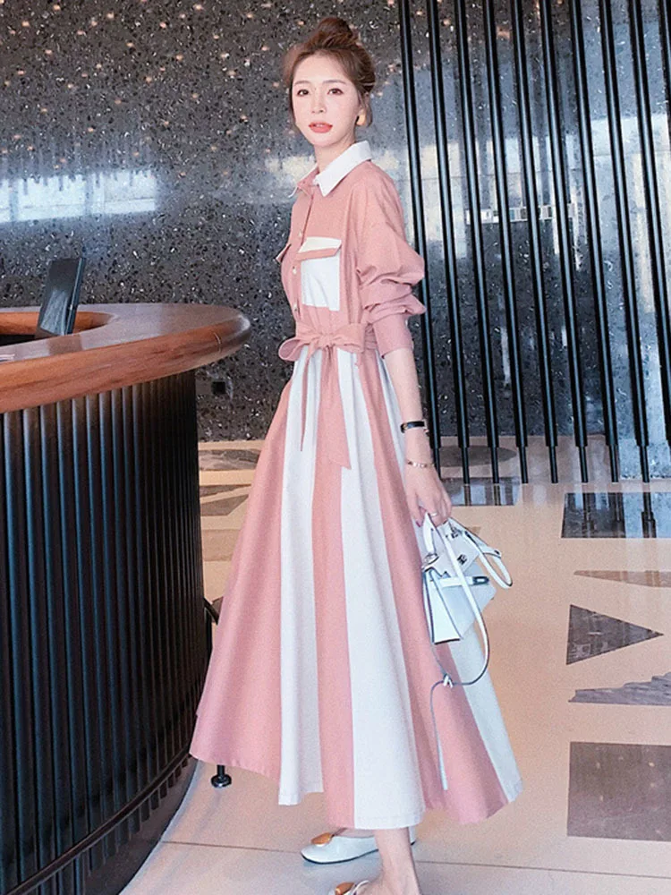 Платье LANMREM New Women осень женские пэчворк цвет контраст регулируемая талия длинный рукав отложной воротник модные платья 2J1362.