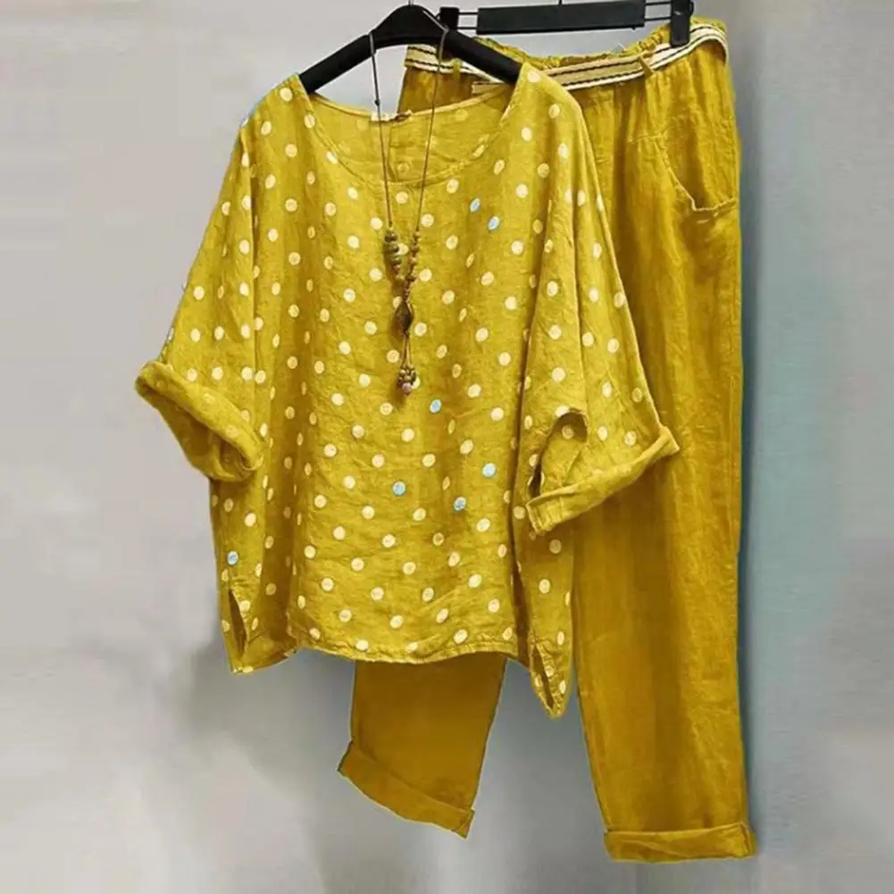 

Polka Dots Printed Sets Women Trousers Outfit SetsSummerTracksuit Half Sleeve O-NeckBlouse Casual Capri