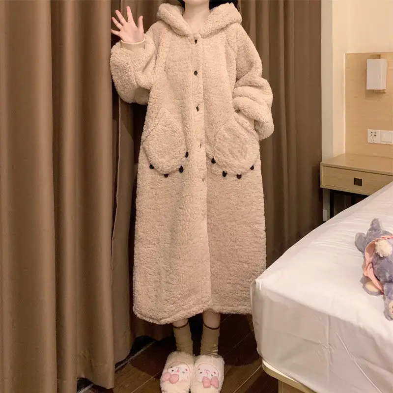 

Hooded Robe for Women Belt Sleepwear Nightdress Winter Night Wears Pajama Nightgown Long Sleeve Warm Fleece Homewear Japanese