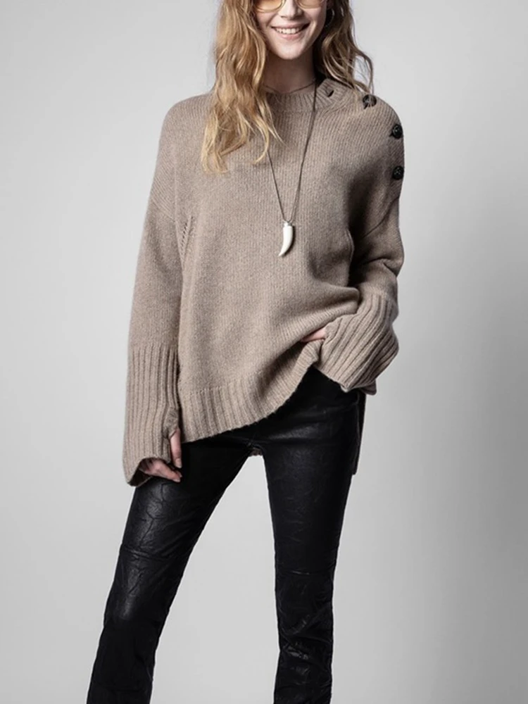

100% Cashmere Women Sweater 2022 Autumn and Winter New Round Neck Left Shoulder Buttoned Pullover for Women