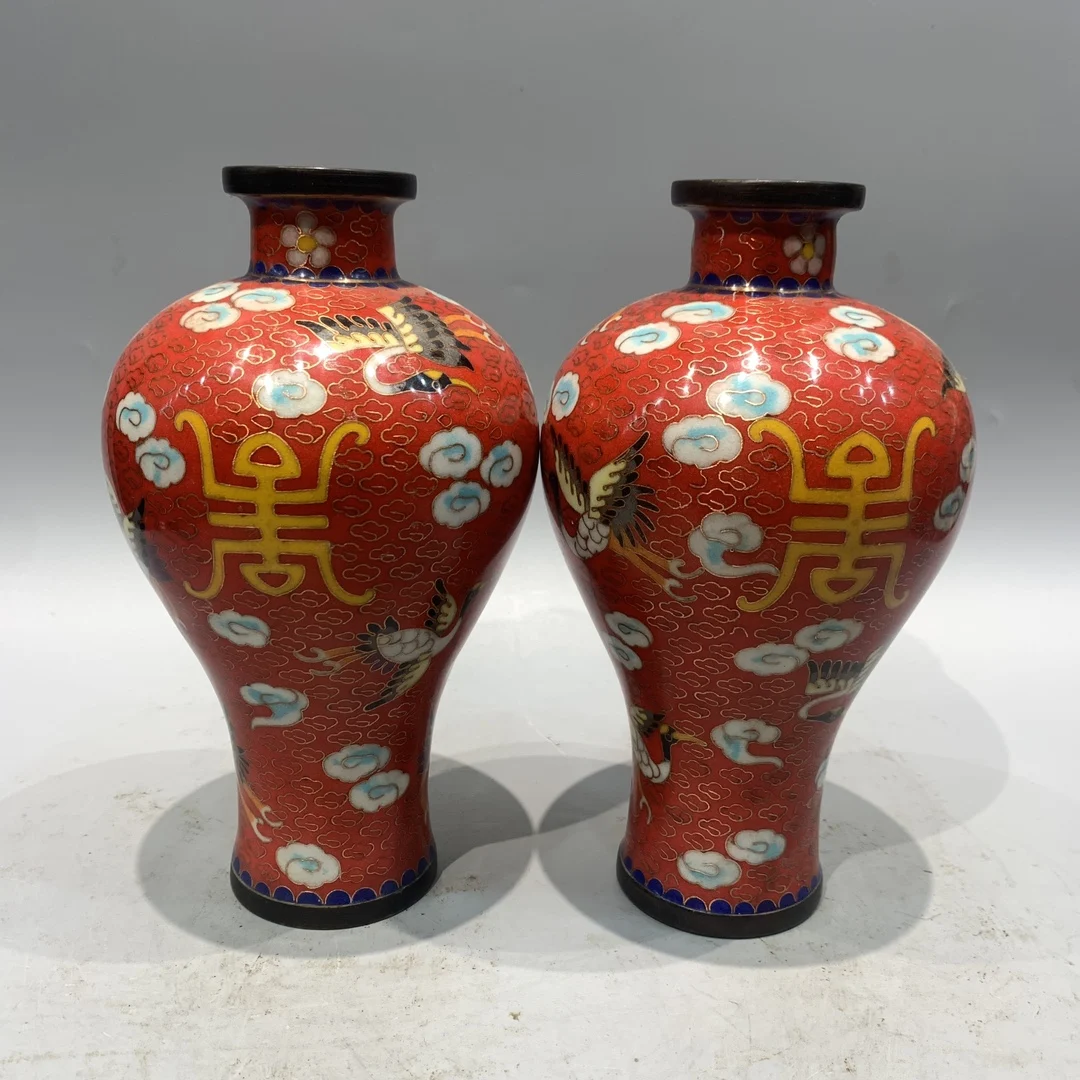 

9"Tibetan Temple Collection Old Bronze Cloisonne Enamel Longevity Crane Texture prunus Bottle Vase A Pair Ornaments Town house