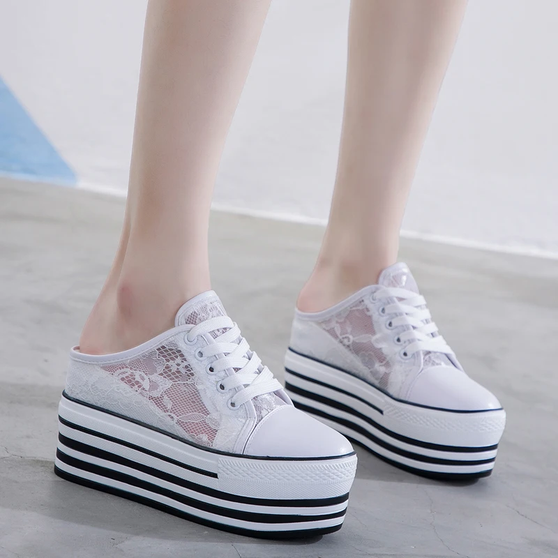 

Summer Women Mesh Lace Casual Shoes Flat Platform Wedge Shoes Height Increasing Hollow Hole Breathable Sneakers Slippers D3-83