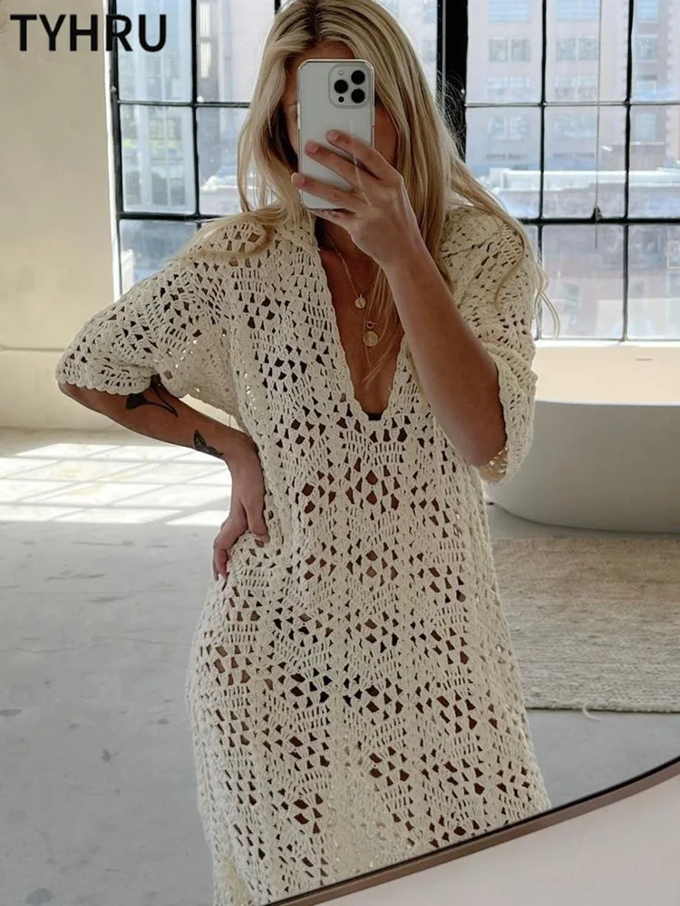 

TYHRU Women’s Knitted Crochet Dresses Holiday Beach Hollow Out Loose Maxi Dress Summer Sexy Cover Up Tunic Long Robe Beachwear