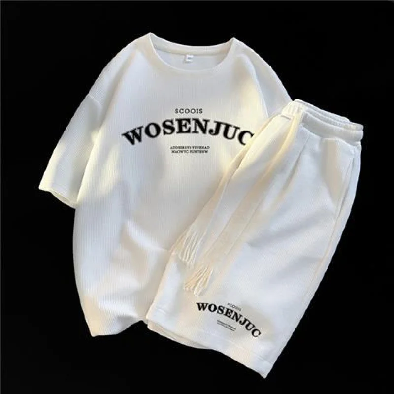 Harajuku Style Hong Kong Style Waffle Suit Men's Summer Sports Loose Short Sleeve Fashion Brand Ins Casual Shorts Men's