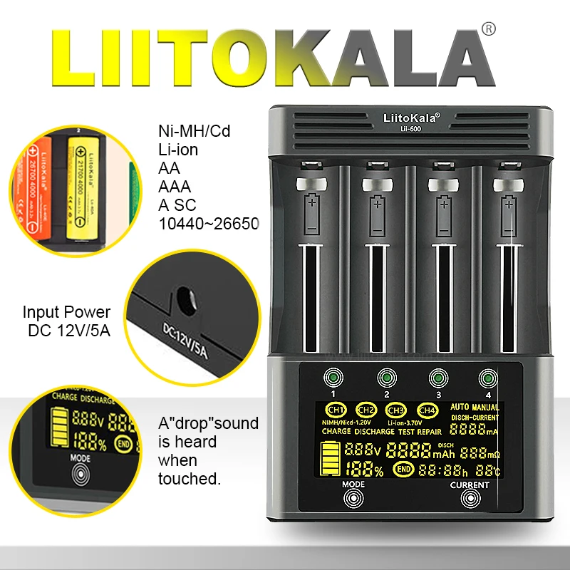 Фото Умное зарядное устройство LiitoKala Lii-600 для 18650/21700/26650/AA/AAA/Ni-MH/Li-ion, ЖК-дисплей, быстрая зарядка, 4-слотовый независимый №1