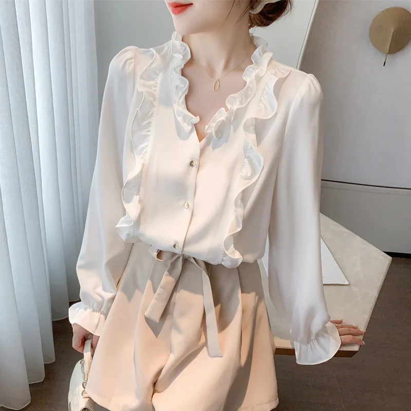

Big Ruffles Blouse Women Autumn Single Breasted V Neck White Shirts Office Work Blouse Solid Vintage Blouse Shirts