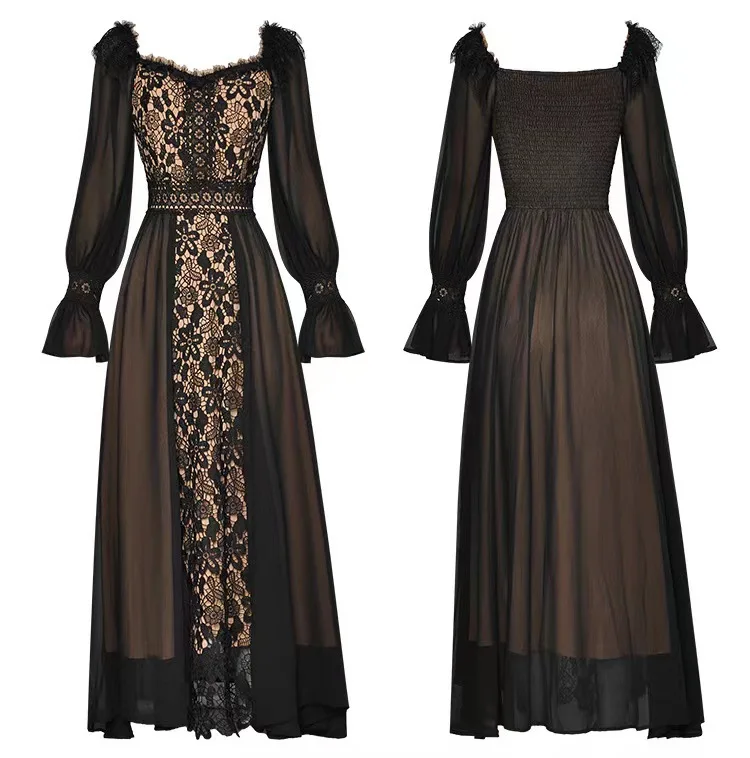 Женское платье в дворцовом стиле с длинным рукавом и кружевной вышивкой