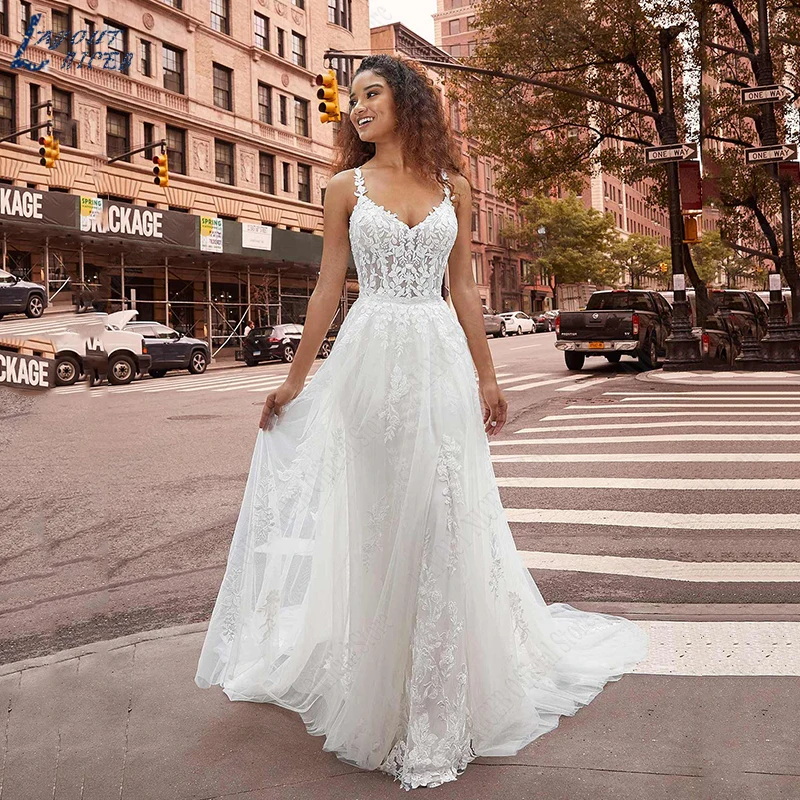 

LAYOUT NICEB Wedding Dress Mermaid Luxury V Neck Detachable Train Backless Lace Applique Bridal Gown Illusion Vestidos De Novia