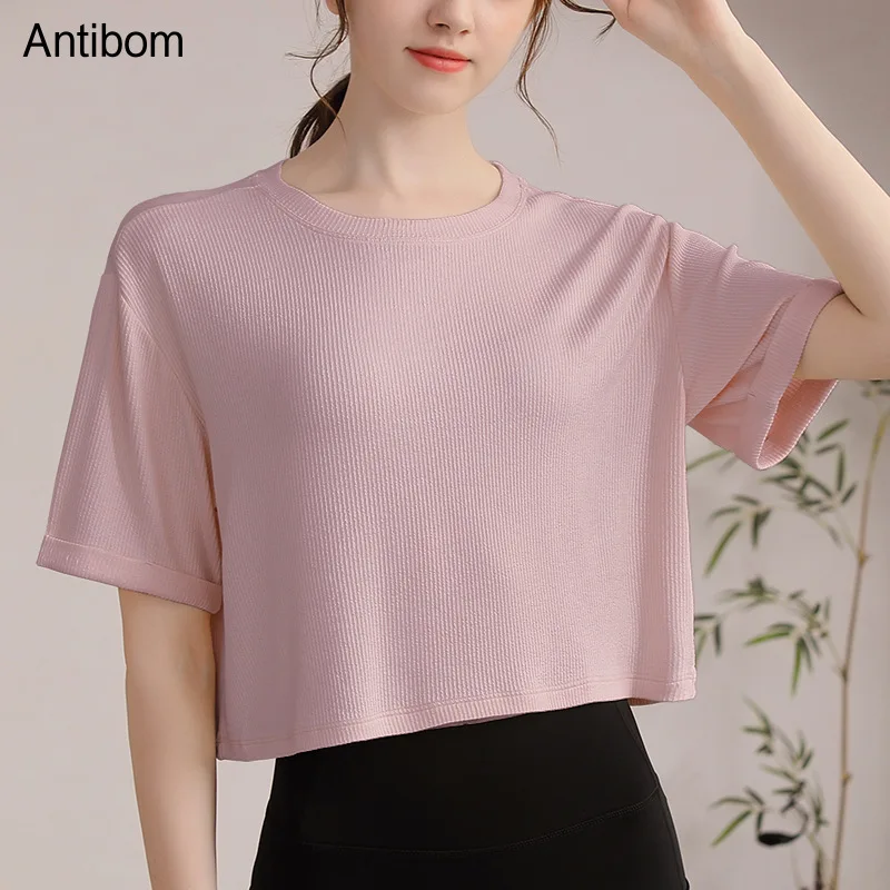 

Antibom Sports Shirts Crop Top Women's Loose Thin Yoga T-shirt Breathable Quick Dry Fitness Short-sleeved
