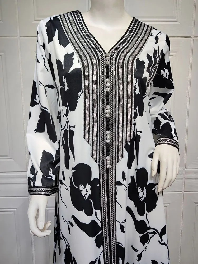 Printed Dress Moroccan Floral Kaftan Women Arabic Long Dresses Gulf Saudi Jalabiya Islam Dubai Muslim Loose Abaya White Black