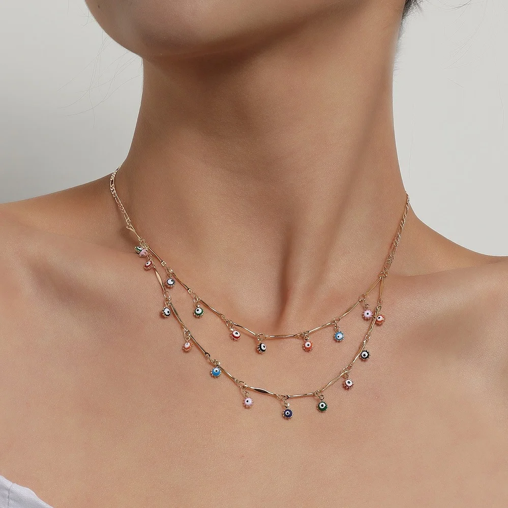 

Vintage Boho Evil Eye Necklace for Women Double Colored Lucky Eyes Clavicle Chain Trend Charm Choker Amulet Collar Jewelry Gifts