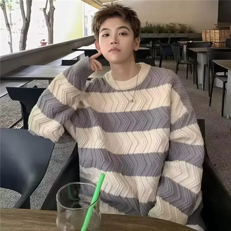 Полосатый мужской свитер повседневный стиль в консервативном стиле свободный
