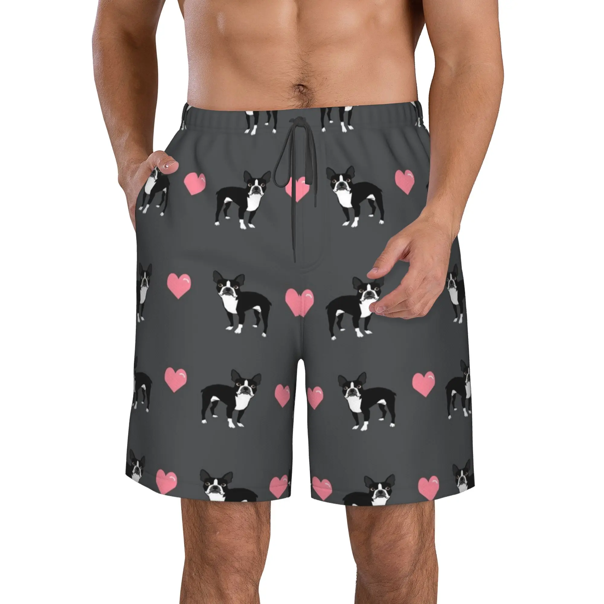 

Boston Terrier Love Hearts Swim Trunks Men Quick Dry Swim Shorts Stretch Water Beach Shorts with Compression Liner Zipper Pocket