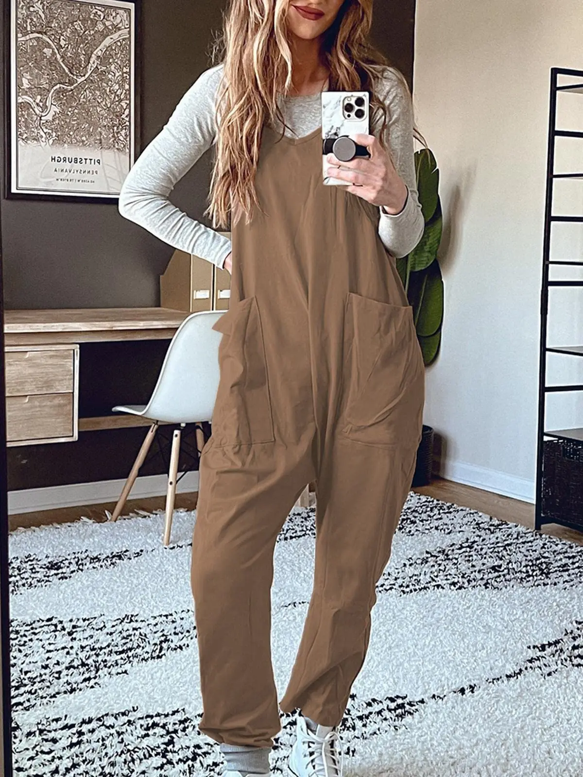 Women Casual Jumpsuit Loose V Neck Sleeveless Harem Long Pants Overalls Summer Pockets Wide Leg Rompers Strap Baggy Streetwear