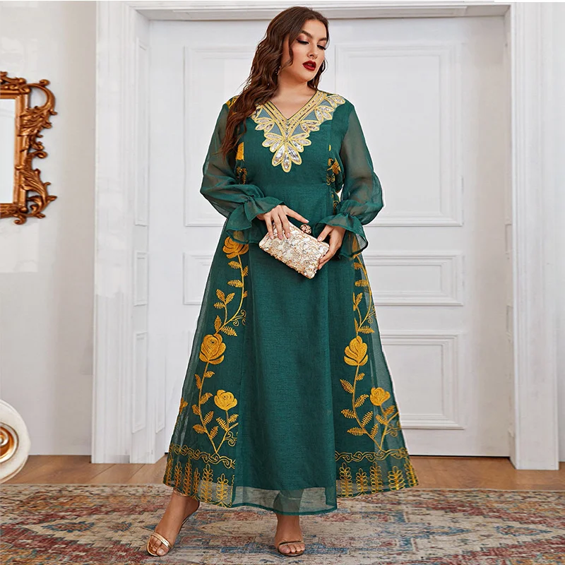 

Muslim Abaya Women's Loose Gown Dubai Embroidered Applique V-Neck Lantern Long Sleeve Dress Arab Dress Kaftan Evening Dress