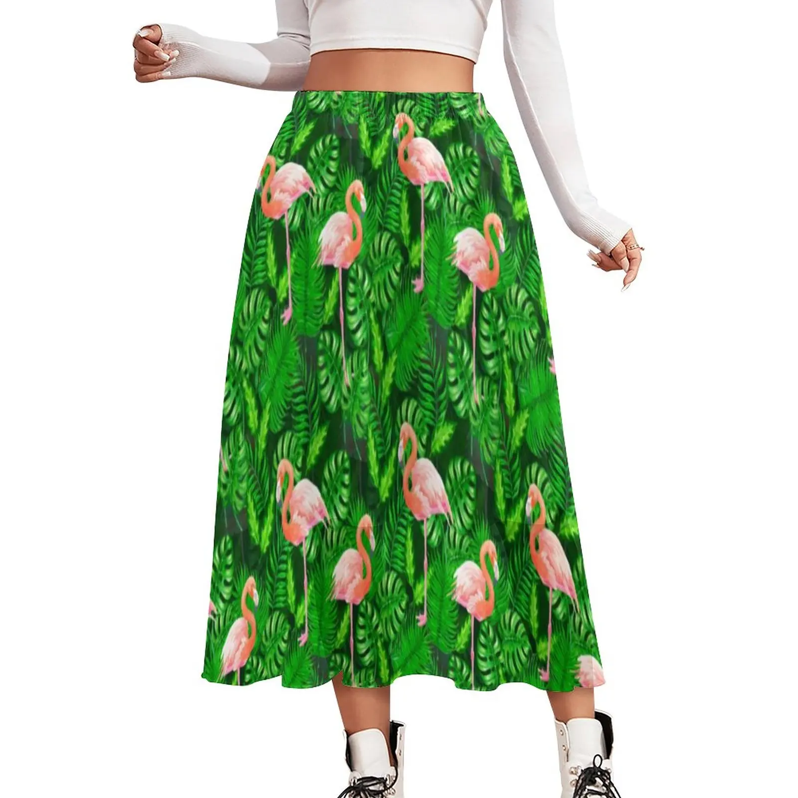 

Flamingo Design Skirt Green Palm Leaf Print Beach Boho Skirts Summer Harajuku High Waist Chiffon Pattern Oversized A-line Skirt