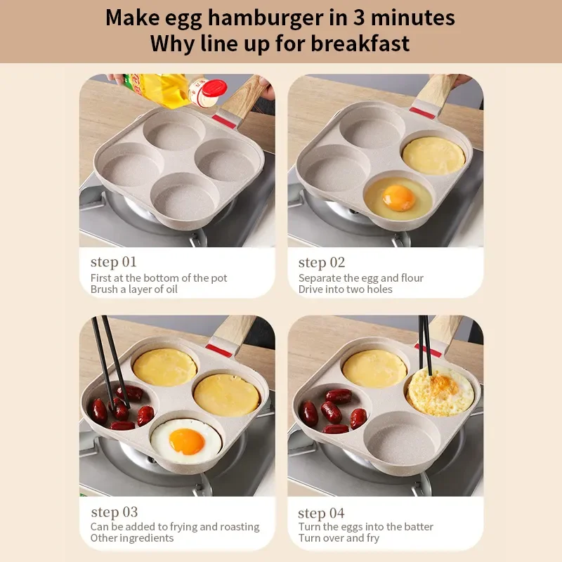 

2023 Non-Stick Frying Pot Pan Wooden Handle Four-Hole Omelet Pan Egg Pancake Steak Pan Cooking Egg Ham Pans Breakfast Maker Cook