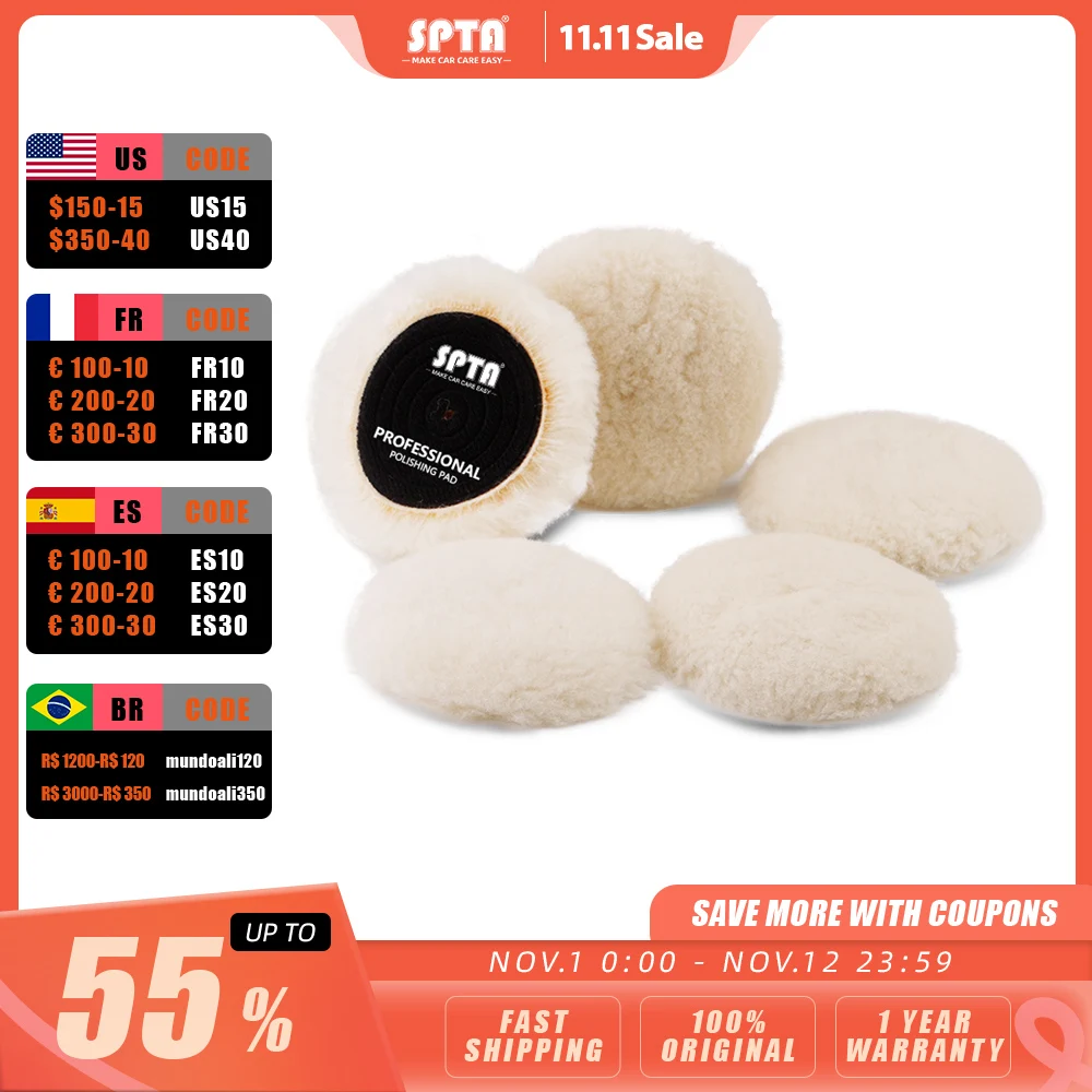 

SPTA 1Pc 1/2/3/5/6/7 Inch Heavy Cut Wool Polishing Australian Lambs Buffing Pad For DA/RO Car Polisher Waxing Auto Care Tools
