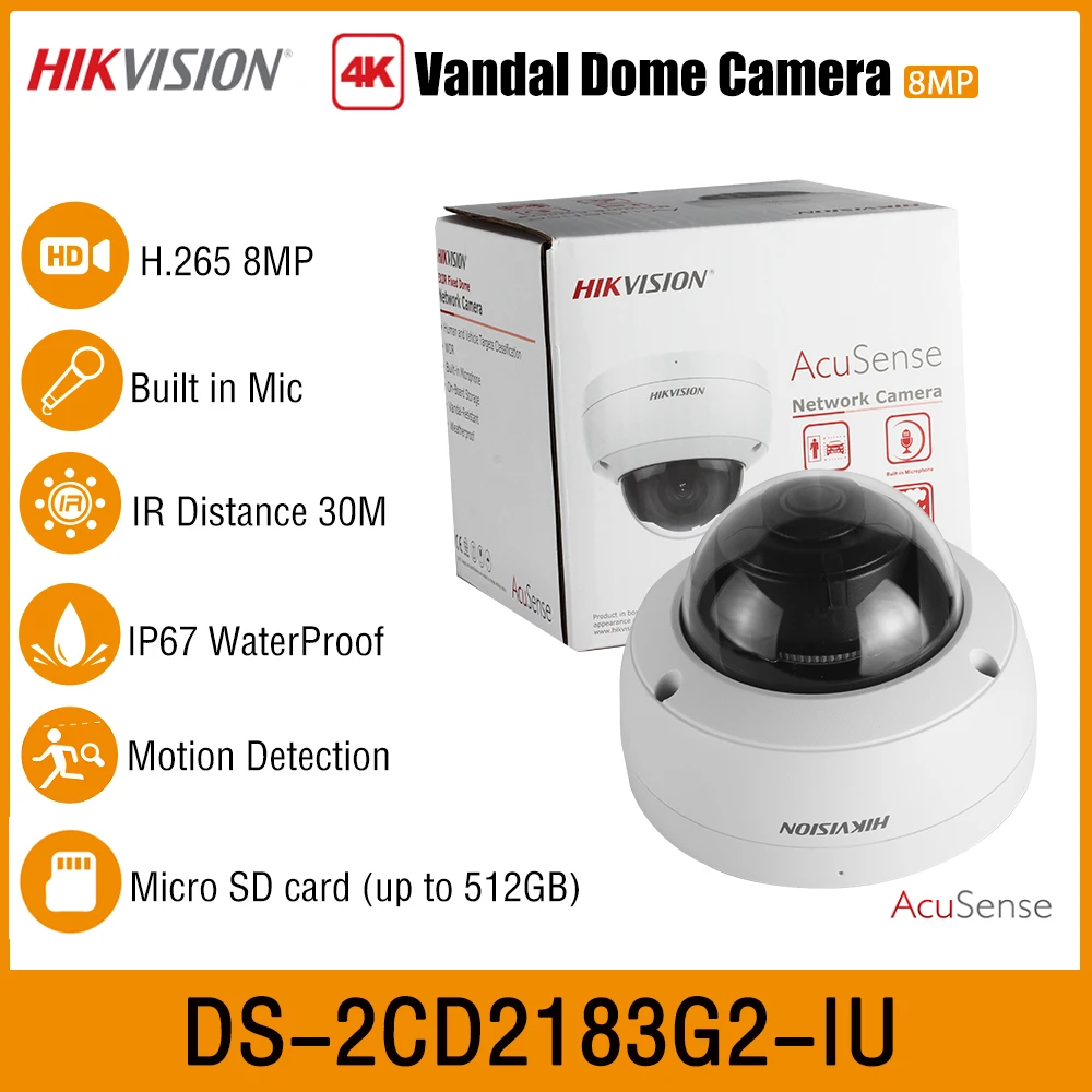 

Hikvision DS-2CD2183G2-IU 4K AcuSense 8MP IK10 Vandal IR30m Dome Network IP67 Security PoE IP Camera Built-in Mic Face Detection