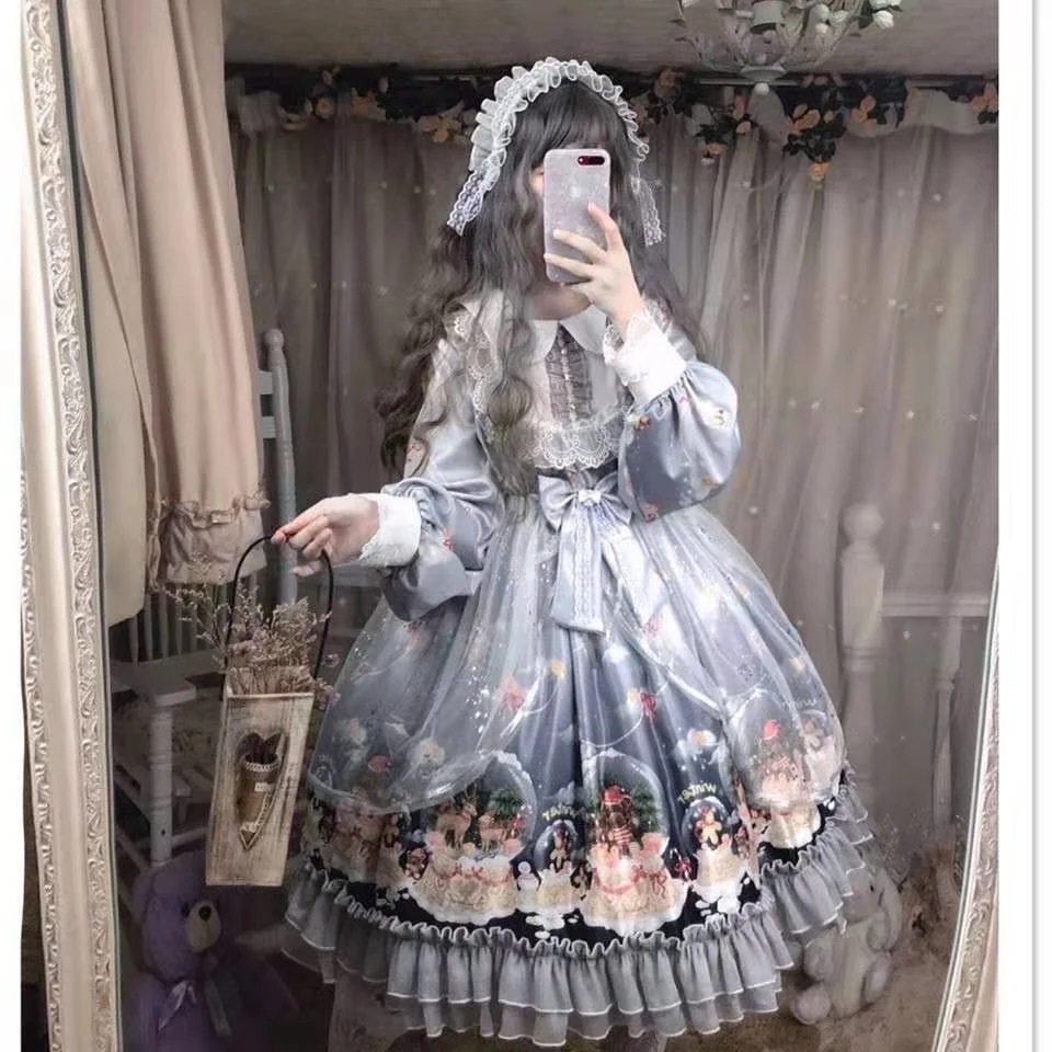 

Japanese Gothic Lolita Dress Girls Vintage Lolita Jsk Dress Women Harajuku Cool Long Sleeve Floral Print Dresses