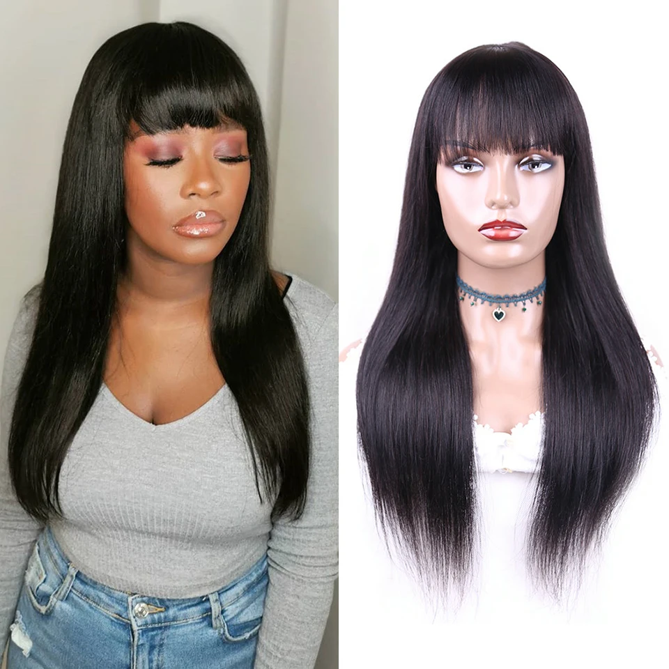 

Malaysian Human Hair Wigs With Bangs Bone Straight Wholesale Full Machine Made Remy Human Hair Wigs Natural Color Wigs