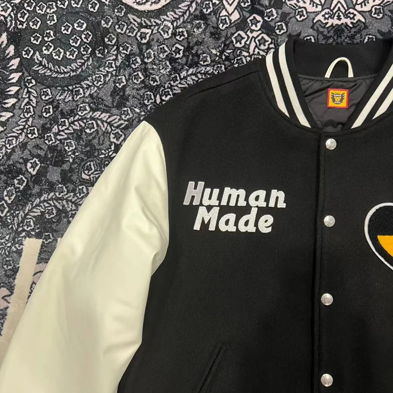 Human Made Baseball Jackets Embroidered Leather Sleeve Men Women 1:1 Vintage HUMAN MADE Jackets
