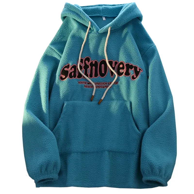 

Модное женское зимнее пальто 2021, новая Женская толстовка с капюшоном из овечьей шерсти, свитшот с вышивкой в стиле Харадзюку, Голубой Женски...